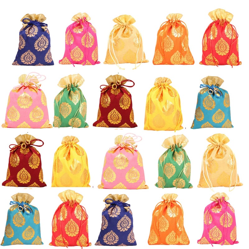 Touchstone Drawstring Bags Traditional Indian Handcrafted in Ficus Leaf Pattern Brocade fabric Perfect for Gifts Jewelry Weddings Sweet Distribution Set of 20 Vibrant Multicolor Pouches Purses Potli